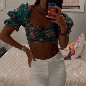 Zara Green and pink silk floral crop top with puffer sleeves size small